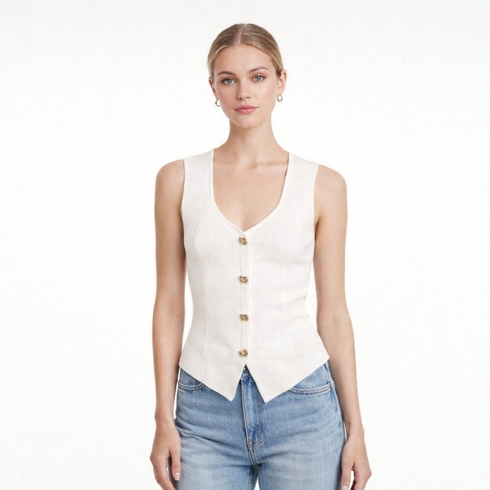 Boutique White Knit Vest Top Gold Buttons